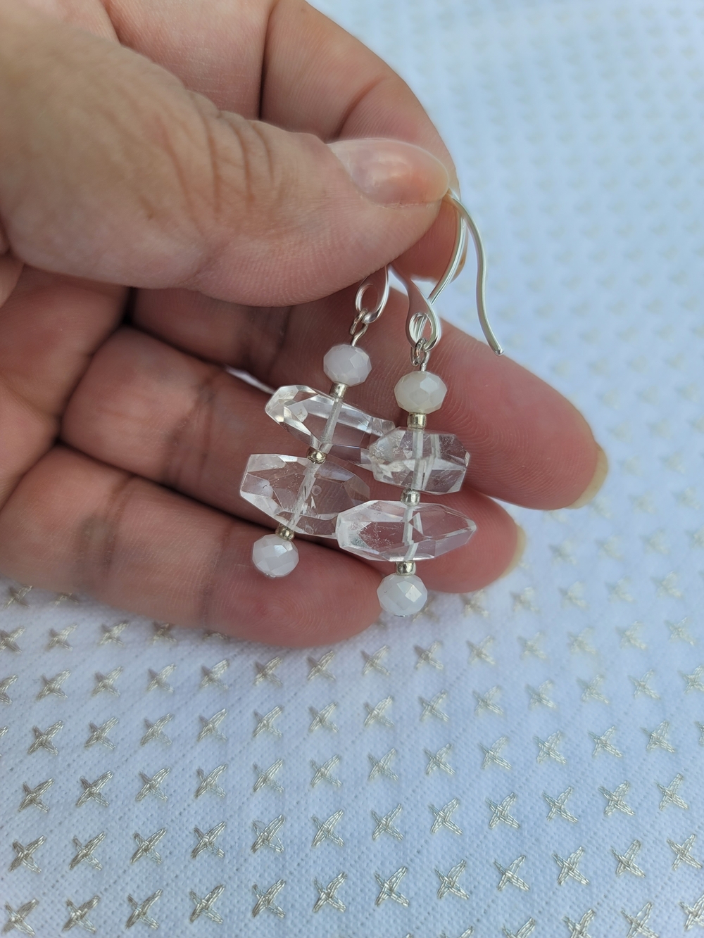 Handmade Clear Crystal & White Faceted Bead Dangle Earrings Silver Hooks Bridal